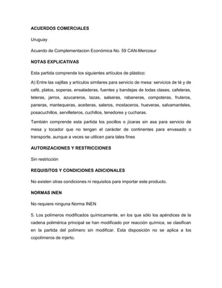 ACUERDOS COMERCIALES

Uruguay

Acuerdo de Complementacion Económica No. 59 CAN-Mercosur

NOTAS EXPLICATIVAS

Esta partida comprende los siguientes artículos de plástico:

A) Entre las vajillas y artículos similares para servicio de mesa: servicios de té y de
café, platos, soperas, ensaladeras, fuentes y bandejas de todas clases, cafeteras,
teteras, jarros, azucareros, tazas, salseras, rabaneras, compoteras, fruteros,
paneras, mantequeras, aceiteras, saleros, mostaceros, hueveras, salvamanteles,
posacuchillos, servilleteros, cuchillos, tenedores y cucharas.

También comprende esta partida los pocillos o jícaras sin asa para servicio de
mesa y tocador que no tengan el carácter de continentes para envasado o
transporte, aunque a veces se utilicen para tales fines

AUTORIZACIONES Y RESTRICCIONES

Sin restricción

REQUISITOS Y CONDICIONES ADICIONALES

No existen otras condiciones ni requisitos para importar este producto.

NORMAS INEN

No requiere ninguna Norma INEN

5. Los polímeros modificados químicamente, en los que sólo los apéndices de la
cadena polimérica principal se han modificado por reacción química, se clasifican
en la partida del polímero sin modificar. Esta disposición no se aplica a los
copolímeros de injerto.
 