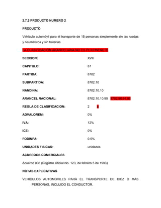 2.7.2 PRODUCTO NUMERO 2

PRODUCTO

Vehículo automóvil para el transporte de 15 personas simplemente sin las ruedas
y neumáticos y sin baterías

LA CLASIFICACIÓN ARANCELARIA NO ES PERTINENETE

SECCION:                                     XVII

CAPITULO:                                    87

PARTIDA:                                     8702

SUBPARTIDA:                                  8702.10

NANDINA:                                     8702.10.10

ARANCEL NACIONAL:                            8702.10.10.90 8702.90.91.90

REGLA DE CLASIFICACION:                      2      a

ADVALOREM:                                   0%

IVA:                                         12%

ICE:                                         0%

FODINFA:                                     0.5%

UNIDADES FISICAS:                            unidades

ACUERDOS COMERCIALES

Acuerdo 033 (Registro Oficial No. 123, de febrero 5 de 1993)

NOTAS EXPLICATIVAS

VEHICULOS AUTOMOVILES PARA EL TRANSPORTE DE DIEZ O MAS
       PERSONAS, INCLUIDO EL CONDUCTOR.
 