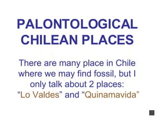 PALONTOLOGICAL CHILEAN PLACES There are many place in Chile where we may find fossil, but I only talk about 2 places: “ Lo Valdes ” and “ Quinamavida” 