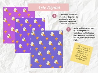 1
2
Arte Digital
A etapa de feitura dos
desenhos do pato e da
patinha foi feita no
aplicativo de celular
Autodesk SketchBook
Após, no Photoshop para
PC, as imagens são
tratadas e multiplicadas
para a criação do padrão.
Por fim, salva em formato
PNG.
No Photoshop é
possível mudar a
disposição dos
elementos e a
cor do fundo,
criando muitas
possibilidades
 
