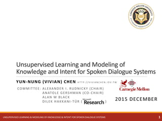Unsupervised Learning and Modeling of
Knowledge and Intent for Spoken Dialogue Systems
YUN-NUNG (VIVIAN) CHEN H T T P : / / V I V I A N C H E N . I D V . T W
2015 DECEMBER
COMMITTEE: ALEXANDER I. RUDNICKY (CHAIR)
ANATOLE GERSHMAN (CO-CHAIR)
ALAN W BLACK
DILEK HAKKANI-TÜR ( )
1UNSUPERVISED LEARNING & MODELING OF KNOWLEDGE & INTENT FOR SPOKEN DIALOGUE SYSTEMS
 