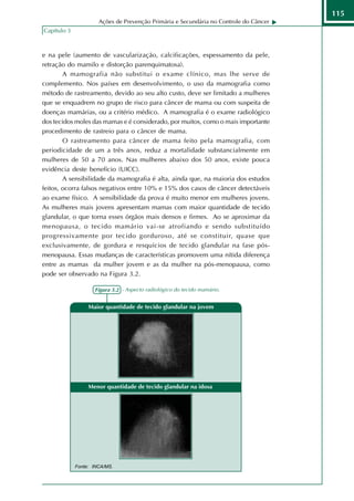 115
                      Ações de Prevenção Primária e Secundária no Controle do Câncer
Capítulo 3



e na pele (aumento de vascularização, calcificações, espessamento da pele,
retração do mamilo e distorção parenquimatosa).
        A mamografia não substitui o exame clínico, mas lhe serve de
complemento. Nos países em desenvolvimento, o uso da mamografia como
método de rastreamento, devido ao seu alto custo, deve ser limitado a mulheres
que se enquadrem no grupo de risco para câncer de mama ou com suspeita de
doenças mamárias, ou a critério médico. A mamografia é o exame radiológico
dos tecidos moles das mamas e é considerado, por muitos, como o mais importante
procedimento de rastreio para o câncer de mama.
        O rastreamento para câncer de mama feito pela mamografia, com
periodicidade de um a três anos, reduz a mortalidade substancialmente em
mulheres de 50 a 70 anos. Nas mulheres abaixo dos 50 anos, existe pouca
evidência deste benefício (UICC).
        A sensibilidade da mamografia é alta, ainda que, na maioria dos estudos
feitos, ocorra falsos negativos entre 10% e 15% dos casos de câncer detectáveis
ao exame físico. A sensibilidade da prova é muito menor em mulheres jovens.
As mulheres mais jovens apresentam mamas com maior quantidade de tecido
glandular, o que torna esses órgãos mais densos e firmes. Ao se aproximar da
menopausa, o tecido mamário vai-se atrofiando e sendo substituído
progressivamente por tecido gorduroso, até se constituir, quase que
exclusivamente, de gordura e resquícios de tecido glandular na fase pós-
menopausa. Essas mudanças de características promovem uma nítida diferença
entre as mamas da mulher jovem e as da mulher na pós-menopausa, como
pode ser observado na Figura 3.2.

                    Figura 3.2 - Aspecto radiológico do tecido mamário.


                  Maior quantidade de tecido glandular na jovem




                  Menor quantidade de tecido glandular na idosa




             Fonte: INCA/MS.
 