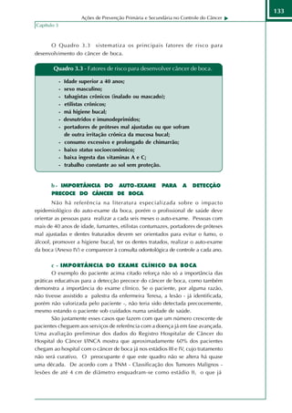 133
                        Ações de Prevenção Primária e Secundária no Controle do Câncer
Capítulo 3



       O Quadro 3.3           sistematiza os principais fatores de risco para
desenvolvimento do câncer de boca.

        Quadro 3.3 - Fatores de risco para desenvolver câncer de boca.

             -   Idade superior a 40 anos;
             -   sexo masculino;
             -   tabagistas crônicos (inalado ou mascado);
             -   etilistas crônicos;
             -   má higiene bucal;
             -   desnutridos e imunodeprimidos;
             -   portadores de próteses mal ajustadas ou que sofram
                 de outra irritação crônica da mucosa bucal;
             -   consumo excessivo e prolongado de chimarrão;
             -   baixo status socioeconômico;
             -   baixa ingesta das vitaminas A e C;
             -   trabalho constante ao sol sem proteção.


       b - IMPORTÂNCIA DO AUTO-EXAME                       PARA     A   DETECÇÃO
       PRECOCE DO CÂNCER DE BOCA
       Não há referência na literatura especializada sobre o impacto
epidemiológico do auto-exame da boca, porém o profissional de saúde deve
orientar as pessoas para realizar a cada seis meses o auto-exame. Pessoas com
mais de 40 anos de idade, fumantes, etilistas contumazes, portadores de próteses
mal ajustadas e dentes fraturados devem ser orientados para evitar o fumo, o
álcool, promover a higiene bucal, ter os dentes tratados, realizar o auto-exame
da boca (Anexo IV) e comparecer à consulta odontológica de controle a cada ano.

       c - IMPORTÂNCIA DO EXAME CLÍNICO DA BOCA
       O exemplo do paciente acima citado reforça não só a importância das
práticas educativas para a detecção precoce do câncer de boca, como também
demonstra a importância do exame clínico. Se o paciente, por alguma razão,
não tivesse assistido a palestra da enfermeira Teresa, a lesão - já identificada,
porém não valorizada pelo paciente -, não teria sido detectada precocemente,
mesmo estando o paciente sob cuidados numa unidade de saúde.
       São justamente esses casos que fazem com que um número crescente de
pacientes cheguem aos serviços de referência com a doença já em fase avançada.
Uma avaliação preliminar dos dados do Registro Hospitalar de Câncer do
Hospital do Câncer I/INCA mostra que aproximadamente 60% dos pacientes
chegam ao hospital com o câncer de boca já nos estádios III e IV, cujo tratamento
não será curativo. O preocupante é que este quadro não se altera há quase
uma década. De acordo com a TNM - Classificação dos Tumores Malignos -
lesões de até 4 cm de diâmetro enquadram-se como estádio II, o que já
 