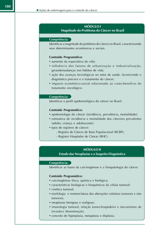 180
      Ações de enfermagem para o controle do câncer




                                     MÓDULO I
                      Magnitude do Problema do Câncer no Brasil

             Competência:
             Identificar a magnitude do problema do câncer no Brasil, caracterizando
             seus determinantes econômicos e sociais.

             Conteúdo Programático:
             • aumento da expectativa de vida;
             • influência dos fatores de urbanização e industrialização,
               gerandomudanças nos hábitos de vida;
             • ação dos avanços tecnológicos no setor de saúde, favorecendo o
               diagnóstico precoce e o tratamento do câncer;
             • impacto econômico-social relacionado ao custo-benefício do
               tratamento oncológico.

             Competência:
             Identificar o perfil epidemiológico do câncer no Brasil.

             Conteúdo Programático:
             • epidemiologia do câncer (incidência, prevalência, mortalidade);
             • estimativa de incidência e mortalidade dos cânceres prevalentes
               (adulto, criança e adolescente);
             • tipos de registros de câncer:
                   - Registro de Câncer de Base Populacional (RCBP);
                   - Registro Hospitalar de Câncer (RHC).



                                     MÓDULO II
                     Estudo das Neoplasias e a Suspeita Diagnóstica

             Competência:
             Identificar as bases da carcinogênese e a fisiopatologia do câncer.

             Conteúdo Programático:
             • carcinogênese física, química e biológica;
             • características biológicas e bioquímicas da célula tumoral;
             • cinética tumoral;
             • morfologia e nomenclatura das alterações celulares tumorais e não
               tumorais;
             • neoplasias benignas e malignas;
             • imunologia tumoral, relação tumor-hospedeiro e mecanismos de
               invasão e disseminação;
             • conceito de hiperplasia, metaplasia e displasia.
 