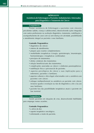 182
      Ações de enfermagem para o controle do câncer




                                     MÓDULO IV
           Assistência de Enfermagem a Pacientes Ambulatoriais e Internados
                      para Diagnóstico e Tratamento do Câncer

              Competência:
              Prestar assistência de Enfermagem a pacientes com cânceres
       prevalentes (adulto, criança e adolescentes), desenvolvendo ações integradas
       com outros profissionais na avaliação diagnóstica, tratamento, reabilitação e
       acompanhamento de casos com ou sem doença em atividade, possibilitando
       o atendimento integral ao paciente e seus familiares.

               Conteúdo Programático:
               • diagnóstico do câncer;
               • sistema de atendimento;
               • preparo para exames complementares;
               • modalidades terapêuticas (cirurgia, quimioterapia, imunoterapia,
                 hormonioterapia e terapêuticas combinadas);
               • princípios de tratamentos;
               • efeitos colaterais dos tratamentos;
               • relação benefício/custo dos tratamentos;
               • complicações associadas ao câncer e síndromes paraneoplásicas;
               • reabilitação física e psicossocial do paciente;
               • aspectos psicológicos do câncer e suas implicações para o
                 enfermeiro, pacientes e familiares;
               • aspectos culturais e ético-legais relacionados com a assistência aos
                 pacientes com câncer;
               • enfoque multiprofissional na assistência ao paciente com câncer,
                 inclusive quanto à revelação ou não do diagnóstico a ele e /ou aos
                 seus familiares;
               • paciente fora das possibilidades terapêuticas atuais e paciente em
                 fase terminal.

               Competência:
              Assistir pacientes em situações de crise, desenvolvendo habilidades
       para empregar nestas ocasiões.

               Conteúdo Programático:
               • o alívio da dor;
               • suporte terapêutico oncológico;
               • enfrentando a morte do paciente.
 