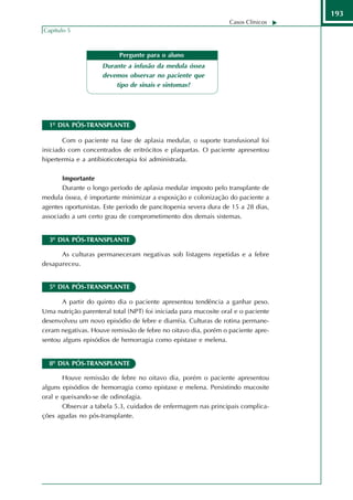 193
                                                                  Casos Clínicos
Capítulo 5



                           Pergunte para o aluno
                     Durante a infusão da medula óssea
                     devemos observar no paciente que
                         tipo de sinais e sintomas?




  1º DIA PÓS-TRANSPLANTE

       Com o paciente na fase de aplasia medular, o suporte transfusional foi
iniciado com concentrados de eritrócitos e plaquetas. O paciente apresentou
hipertermia e a antibioticoterapia foi administrada.

       Importante
       Durante o longo período de aplasia medular imposto pelo transplante de
medula óssea, é importante minimizar a exposição e colonização do paciente a
agentes oportunistas. Este período de pancitopenia severa dura de 15 a 28 dias,
associado a um certo grau de comprometimento dos demais sistemas.


  3º DIA PÓS-TRANSPLANTE

      As culturas permaneceram negativas sob listagens repetidas e a febre
desapareceu.


  5º DIA PÓS-TRANSPLANTE

       A partir do quinto dia o paciente apresentou tendência a ganhar peso.
Uma nutrição parenteral total (NPT) foi iniciada para mucosite oral e o paciente
desenvolveu um novo episódio de febre e diarréia. Culturas de rotina permane-
ceram negativas. Houve remissão de febre no oitavo dia, porém o paciente apre-
sentou alguns episódios de hemorragia como epistaxe e melena.


  8º DIA PÓS-TRANSPLANTE

       Houve remissão de febre no oitavo dia, porém o paciente apresentou
alguns episódios de hemorragia como epistaxe e melena. Persistindo mucosite
oral e queixando-se de odinofagia.
       Observar a tabela 5.3, cuidados de enfermagem nas principais complica-
ções agudas no pós-transplante.
 