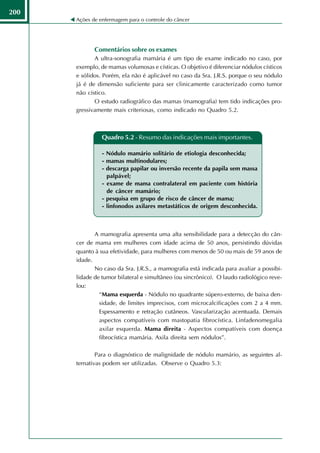 200
      Ações de enfermagem para o controle do câncer




             Comentários sobre os exames
             A ultra-sonografia mamária é um tipo de exame indicado no caso, por
      exemplo, de mamas volumosas e císticas. O objetivo é diferenciar nódulos císticos
      e sólidos. Porém, ela não é aplicável no caso da Sra. J.R.S. porque o seu nódulo
      já é de dimensão suficiente para ser clinicamente caracterizado como tumor
      não cístico.
             O estudo radiográfico das mamas (mamografia) tem tido indicações pro-
      gressivamente mais criteriosas, como indicado no Quadro 5.2.



                Quadro 5.2 - Resumo das indicações mais importantes.

                - Nódulo mamário solitário de etiologia desconhecida;
                - mamas multinodulares;
                - descarga papilar ou inversão recente da papila sem massa
                  palpável;
                - exame de mama contralateral em paciente com história
                  de câncer mamário;
                - pesquisa em grupo de risco de câncer de mama;
                - linfonodos axilares metastáticos de origem desconhecida.



             A mamografia apresenta uma alta sensibilidade para a detecção do cân-
      cer de mama em mulheres com idade acima de 50 anos, persistindo dúvidas
      quanto à sua efetividade, para mulheres com menos de 50 ou mais de 59 anos de
      idade.
             No caso da Sra. J.R.S., a mamografia está indicada para avaliar a possibi-
      lidade de tumor bilateral e simultâneo (ou sincrônico). O laudo radiológico reve-
      lou:
               “Mama esquerda - Nódulo no quadrante súpero-externo, de baixa den-
               sidade, de limites imprecisos, com microcalcificações com 2 a 4 mm.
               Espessamento e retração cutâneos. Vascularização acentuada. Demais
               aspectos compatíveis com mastopatia fibrocística. Linfadenomegalia
               axilar esquerda. Mama direita - Aspectos compatíveis com doença
               fibrocística mamária. Axila direita sem nódulos”.

              Para o diagnóstico de malignidade de nódulo mamário, as seguintes al-
      ternativas podem ser utilizadas. Observe o Quadro 5.3:
 