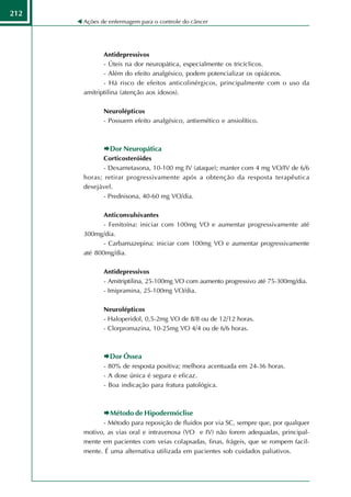 212
      Ações de enfermagem para o controle do câncer




             Antidepressivos
             - Úteis na dor neuropática, especialmente os tricíclicos.
             - Além do efeito analgésico, podem potencializar os opiáceos.
             - Há risco de efeitos anticolinérgicos, principalmente com o uso da
      amitriptilina (atenção aos idosos).

             Neurolépticos
             - Possuem efeito analgésico, antiemético e ansiolítico.



               Dor Neuropática
             Corticosteróides
             - Dexametasona, 10-100 mg IV (ataque); manter com 4 mg VO/IV de 6/6
      horas; retirar progressivamente após a obtenção da resposta terapêutica
      desejável.
             - Prednisona, 40-60 mg VO/dia.

             Anticonvulsivantes
             - Fenitoína: iniciar com 100mg VO e aumentar progressivamente até
      300mg/dia.
             - Carbamazepina: iniciar com 100mg VO e aumentar progressivamente
      até 800mg/dia.

             Antidepressivos
             - Amitriptilina, 25-100mg VO com aumento progressivo até 75-300mg/dia.
             - Imipramina, 25-100mg VO/dia.

             Neurolépticos
             - Haloperidol, 0,5-2mg VO de 8/8 ou de 12/12 horas.
             - Clorpromazina, 10-25mg VO 4/4 ou de 6/6 horas.



               Dor Óssea
             - 80% de resposta positiva; melhora acentuada em 24-36 horas.
             - A dose única é segura e eficaz.
             - Boa indicação para fratura patológica.



               Método de Hipodermóclise
            - Método para reposição de fluidos por via SC, sempre que, por qualquer
      motivo, as vias oral e intravenosa (VO e IV) não forem adequadas, principal-
      mente em pacientes com veias colapsadas, finas, frágeis, que se rompem facil-
      mente. É uma alternativa utilizada em pacientes sob cuidados paliativos.
 