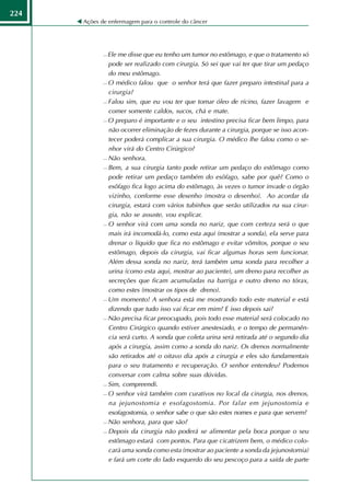 224
      Ações de enfermagem para o controle do câncer




              Ele me disse que eu tenho um tumor no estômago, e que o tratamento só
               pode ser realizado com cirurgia. Só sei que vai ter que tirar um pedaço
               do meu estômago.
              O médico falou que o senhor terá que fazer preparo intestinal para a

               cirurgia?
              Falou sim, que eu vou ter que tomar óleo de rícino, fazer lavagem e

               comer somente caldos, sucos, chá e mate.
              O preparo é importante e o seu intestino precisa ficar bem limpo, para

               não ocorrer eliminação de fezes durante a cirurgia, porque se isso acon-
               tecer poderá complicar a sua cirurgia. O médico lhe falou como o se-
               nhor virá do Centro Cirúrgico?
              Não senhora.

              Bem, a sua cirurgia tanto pode retirar um pedaço do estômago como

               pode retirar um pedaço também do esôfago, sabe por quê? Como o
               esôfago fica logo acima do estômago, às vezes o tumor invade o órgão
               vizinho, conforme esse desenho (mostra o desenho). Ao acordar da
               cirurgia, estará com vários tubinhos que serão utilizados na sua cirur-
               gia, não se assuste, vou explicar.
              O senhor virá com uma sonda no nariz, que com certeza será o que

               mais irá incomodá-lo, como esta aqui (mostrar a sonda), ela serve para
               drenar o líquido que fica no estômago e evitar vômitos, porque o seu
               estômago, depois da cirurgia, vai ficar algumas horas sem funcionar.
               Além dessa sonda no nariz, terá também uma sonda para recolher a
               urina (como esta aqui, mostrar ao paciente), um dreno para recolher as
               secreções que ficam acumuladas na barriga e outro dreno no tórax,
               como estes (mostrar os tipos de dreno).
              Um momento! A senhora está me mostrando todo este material e está

               dizendo que tudo isso vai ficar em mim? E isso depois sai?
              Não precisa ficar preocupado, pois todo esse material será colocado no

               Centro Cirúrgico quando estiver anestesiado, e o tempo de permanên-
               cia será curto. A sonda que coleta urina será retirada até o segundo dia
               após a cirurgia, assim como a sonda do nariz. Os drenos normalmente
               são retirados até o oitavo dia após a cirurgia e eles são fundamentais
               para o seu tratamento e recuperação. O senhor entendeu? Podemos
               conversar com calma sobre suas dúvidas.
              Sim, compreendi.

              O senhor virá também com curativos no local da cirurgia, nos drenos,

               na jejunostomia e esofagostomia. Por falar em jejunostomia e
               esofagostomia, o senhor sabe o que são estes nomes e para que servem?
              Não senhora, para que são?

              Depois da cirurgia não poderá se alimentar pela boca porque o seu

               estômago estará com pontos. Para que cicatrizem bem, o médico colo-
               cará uma sonda como esta (mostrar ao paciente a sonda da jejunostomia)
               e fará um corte do lado esquerdo do seu pescoço para a saída de parte
 