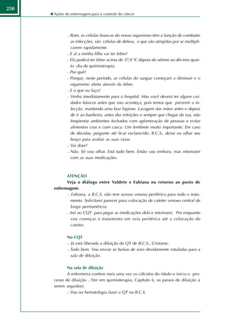 250
      Ações de enfermagem para o controle do câncer




              Bom, as células brancas do nosso organismo têm a função de combater
               as infecções, são células de defesa, e que são atingidas por se multipli-
               carem rapidamente.
              E aí a minha filha vai ter febre?

              Ela poderá ter febre acima de 37,8 ºC depois do sétimo ao décimo quar-

               to dia da quimioterapia.
              Por quê?

              Porque, neste período, as células do sangue começam a diminuir e o

               organismo alerta através da febre.
              E o que eu faço?

              Venha imediatamente para o hospital. Mas você deverá ter alguns cui-

               dados básicos antes que isso aconteça, pois temos que prevenir a in-
               fecção, mantendo uma boa higiene. Lavagem das mãos antes e depois
               de ir ao banheiro, antes das refeições e sempre que chegar da rua, não
               freqüentar ambientes fechados com aglomeração de pessoas e evitar
               alimentos crus e com casca. Um lembrete muito importante. Em caso
               de dúvidas, pergunte até ficar esclarecido. B.C.S., deixe eu olhar seu
               braço para avaliar as suas veias.
              Vai doer?

              Não. Só vou olhar. Está tudo bem. Então vou embora, mas retornarei

               com as suas medicações.



            ATENÇÃO
            Veja o diálogo entre Valdete e Fabiana no retorno ao posto de
      enfermagem:
             Fabiana, a B.C.S. não tem acesso venoso periférico para todo o trata-

              mento. Solicitarei parecer para colocação de cateter venoso central de
              longa permanência.
             Irei ao CQT para pegar as medicações dela e retornarei. Por enquanto

              vou começar o tratamento em veia periférica até a colocação do
              cateter.

             No CQT
              Já está liberada a diluição da QT de B.C.S., Cristiane.

              Tudo bem. Vou enviar as bolsas de soro devidamente rotuladas para a

               sala de diluição.

             Na sala de diluição
             A enfermeira confere mais uma vez os cálculos do rótulo e inicia o pro-
      cesso de diluição . (Ver em quimioterapia, Capítulo 6, os passos de diluição a
      serem seguidos).
              Vou na hematologia fazer a QT na B.C.S.
 