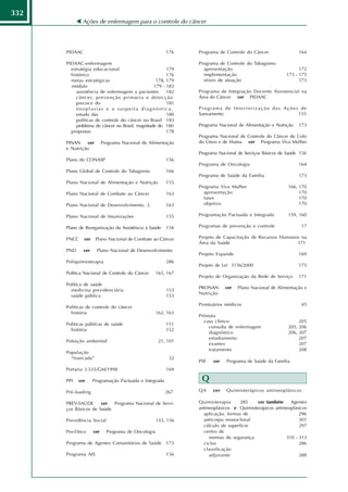 332
              Ações de enfermagem para o controle do câncer




      PIDAAC                                             176    Programa de Controle do Câncer                164

      PIDAAC-enfermagem                                         Programa de Controle do Tabagismo
        estratégia educacional                         179        apresentação                                172
        histórico                                      176        implementação                         173 - 175
        metas estratégicas                        178, 179        níveis de atuação                           173
        módulo                                   179 - 183
           assistência de enfermagem a pacientes       182      Programa de Integração Docente Assistencial na
           câncer, prevenção primária e detecção                Área do Câncer ver PIDAAC
           precoce do                                  181
           neoplasias e a suspeita diagnóstica,                 Programa de Interiorização das Ações de
           estudo das                                  180      Saneamento                          155
           políticas de controle do câncer no Brasil 183
           problema do câncer no Brasil, magnitude do 180       Programa Nacional de Alimentação e Nutrição   173
        propostas                                      178
                                                                Programa Nacional de Controle do Câncer de Colo
      PINAN ver            Programa Nacional de Alimentação     do Útero e de Mama ver Programa Viva Mulher
      e Nutrição
                                                                Programa Nacional de Serviços Básicos de Saúde 156
      Plano do CONASP                                    156
                                                                Programa de Oncologia                         164
      Plano Global de Controle do Tabagismo              166
                                                                Programa de Saúde da Família                  173
      Plano Nacional de Alimentação e Nutrição           155
                                                                Programa Viva Mulher                     166, 170
      Plano Nacional de Combate ao Câncer                163      apresentação                                170
                                                                  fases                                       170
      Plano Nacional de Desenvolvimento, 2.              163      objetivo                                    170

      Plano Nacional de Imunizações                      155    Programação Pactuada e Integrada         159, 160

      Plano de Reorganização da Assistência à Saúde      156    Programas de prevenção e controle              17

      PNCC     ver    Plano Nacional de Combate ao Câncer       Projeto de Capacitação de Recursos Humanos na
                                                                Área da Saúde                            171
      PND     ver     Plano Nacional de Desenvolvimento
                                                                Projeto Expande                               169
      Poliquimioterapia                                  286
                                                                Projeto de Lei 3156/2000                      175
      Política Nacional de Controle do Câncer        165, 167
                                                                Projeto de Organização da Rede de Serviço     171
      Política de saúde
                                                                PRONAN      ver   Plano Nacional de Alimentação e
        medicina previdenciária                          153
                                                                Nutrição
        saúde pública                                    153
                                                                Prontuários médicos                            45
      Políticas de controle do câncer
        história                                     162, 163
                                                                Próstata
                                                                  caso clínico                                205
      Políticas públicas de saúde                        151
                                                                     consulta de enfermagem              205, 206
        história                                         152
                                                                     diagnóstico                         206, 207
                                                                     estadiamento                             207
      Poluição ambiental                              21, 101
                                                                     exames                                   207
                                                                     tratamento                               208
      População
        “truncada”                                        32
                                                                PSF   ver   Programa de Saúde da Família
      Portaria 3.535/GM/1998                             169

      PPI   ver      Programação Pactuada e Integrada            Q
      Pré-loading                                        267    QA    ver   Quimioterápicos antineoplásicos

      PREV-SAÚDE      ver  Programa Nacional de Servi-          Quimioterapia      285   ver também      Agentes
      ços Básicos de Saúde                                      antineoplásicos e Quimioterápicos antineoplásicos
                                                                  aplicação, formas de                       296
      Previdência Social                             155, 156     anticorpo monoclonal                       301
                                                                  cálculo de superfície                      297
      Pro-Onco       ver     Programa de Oncologia                centro de
                                                                     normas de segurança               310 - 313
      Programa de Agentes Comunitários de Saúde          173      ciclos                                     286
                                                                  classificação
      Programa AIS                                       156         adjuvante                               288
 