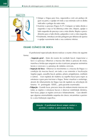 348
               Ações de enfermagem para o controle do câncer




      Figura A.17
                                 • Estique a língua para fora, segurando-a com um pedaço de
                                   gaze ou pano, e apalpe em toda a sua extensão com os dedos
                                   indicador e polegar da outra mão.
                                 • Examine o pescoço (Figura A.17). Compare os lados direito e
                                   esquerdo e veja se há diferença entre eles. Depois, apalpe o
                                   lado esquerdo do pescoço com a mão direita. Repita o proce-
                                   dimento para o lado direito, palpando-o com a mão esquerda.
                                 • Finalmente, introduza um dos polegares por debaixo do queixo
                                   e apalpe suavemente todo o seu contorno inferior.



               EXAME CLÍNICO DE BOCA

                        O profissional especializado deverá realizar o exame clínico da seguinte
               forma:
                         - Inspeção geral - Antes do exame da cavidade bucal, inspecionar a
                          face e o pescoço. Observar a mucosa dos lábios à procura de sinais,
                          manchas e feridas que sangram ou não cicatrizam; pesquisar assimetrias
                          faciais e cervicais e a presença de nódulos cervicais.
                        - Inspeção da boca - Observar os movimentos e a mucosa da língua e a
                          condição da mucosa bucal, em toda a sua extensão e localização
                          (regiões jugais, assoalho bucal, palatos, pilares amigdalianos, vestíbulo
                          e outros). Usar espátula de madeira ou espelho bucal para expor as
                          estruturas e gaze para tracionar a língua. Tentar visualizar a orofaringe,
                          através do rebaixamento da língua (uso de espátula ou articulação do
                          fonema 'A' prolongado ÁÁÁÁ..., pelo paciente examinado).
                        - Palpação - Usando luvas, procurar áreas de endurecimento mucoso em
                          todas as regiões e estruturas bucais e observar mobilidade dentária.
                          Sem luvas, palpar as regiões cervicais e bilateralmente. Caso identifi-
                          que algumas anormalidades suspeitas de câncer, encaminhar o pacien-
                          te a uma Instituição específica.


                                Atenção: O profissional deverá sempre ensinar o
                                   paciente a realizar o auto-exame da boca.
 