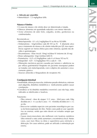 359
                                      Anexo 5 - Fisiopatologia da dor em câncer
Anexos



     c- Infecção por anaeróbio
     • Metronidazol - 7,5 mg/kg/dose 6/6h.


     Náusea e Vômitos
     • A causa da náusea e do vômito deve ser determinada e tratada.
     • Oferecer alimentos em quantidade reduzida e em menor intervalo.
     • Evitar alimentos de odor forte, salgados, ácidos, gordurosos ou
         condimentados.

     Recomenda-se:
     - Metoclopramida - 0,1 a 0,2 mg/kg/dose IV ou IM ou VO 8/8h.
     - Ondansetrona - 5mg/m2/dose cada 8h VO ou IV. É altamente ativo
       para o tratamento da náusea e do vômito induzido por QT, mas experi-
       ências sugerem ser menos efetivo para estes sintomas, quando não de-
       vidos à quimioterapia.
     - Dexametasona - Dose inicial: 10mg/ m2/dose IV (máximo de 20 mg).
     - Doses subsequentes: 5mg/ m2/dose 6/6h IV.
     - Prometazina - 0,25 a 0,5mg/kg/dose cada 4 a 6 horas VO ou IV.
     - Haloperidol - 0,01 - 0,1mg/kg/dose VO a cada 8 - 12h.
     - Obstruções mecânicas parciais causadas por tumores e aderências ou
       por refluxo gastrintestinal (freqüente em pacientes neuropatas) podem
       ser tratadas com metoclopramida, com o objetivo de aumentar o esva-
       ziamento gástrico.
     - Associar antiácidos e bloqueadores de receptores H2.


     Constipação Intestinal
     • Imobilidade, disfunção muscular, síndromes pseudo-obstrutivas, estenose
       anal adquirida, distúrbios metabólicos e medicamentos podem causar
       constipação.
     • Considerar se há distúrbio metabólico reversível; caso não haja, estão
       indicados os Iubrificantes e laxatìvos.

     Tratamento:
        - Óleo mineral - dose de ataque: 5-11 anos - 30ml para cada 10kg
          dividido em 2 - 4 x ao dia12 anos - 15 - 45ml/dia dividido em 1- 3 x
          ao dia.
        - Deve-se ter cuidados especiais com pacientes neurológicos por cau-
          sa da broncoaspiração de óleo. Nestes casos pode-se usar supositó-
          rios ou enemas, sendo que estes devem ser evitados sempre que
          possível.
        - Causas neuro-musculares não melhoram com laxativos osmóticos
          (óleo mineral) e estes ainda aumentam a incontinência fecal. Nestes
          casos, usar mais fibras na dieta e supositórios para estimular a
          defecação. Em casos seletivos, pode ser utilizada a estimulação por
          enema.
 