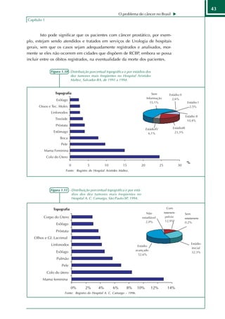 43
                                                             O problema do câncer no Brasil
Capítulo 1



        Isto pode significar que os pacientes com câncer prostático, por exem-
plo, estejam sendo atendidos e tratados em serviços de Urologia de hospitais
gerais, sem que os casos sejam adequadamente registrados e analisados, mor-
mente se eles não ocorrem em cidades que dispõem de RCBP, embora se possa
incluir entre os óbitos registrados, na eventualidade da morte dos pacientes.

             Figura 1.10 - Distribuição porcentual topográfica e por estádios dos
                           dez tumores mais freqüentes no Hospital Aristides
                           Maltez, Salvador-BA, de 1991 a 1994.


                Topografia




                                                                                                %

                       Fonte: Registro do Hospital Aristides Maltez.




             Figura 1.11 - Distribuição porcentual topográfica e por está-
                           dios dos dez tumores mais freqüentes no
                           Hospital A. C. Camargo, São Paulo-SP, 1994.


               Topografia




                            0%       2%       4%        6%        8%      10%       12%   14%
                      Fonte: Registro do Hospital A. C. Camargo – 1996.
 