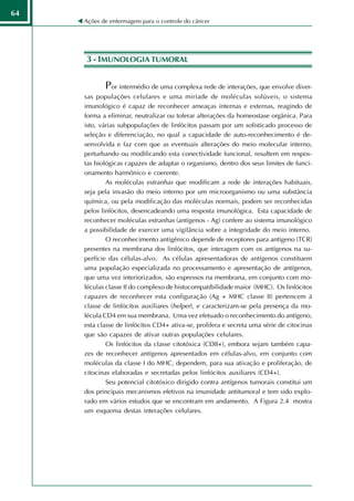 64
     Ações de enfermagem para o controle do câncer




     3 - IMUNOLOGIA TUMORAL


            Por intermédio de uma complexa rede de interações, que envolve diver-
     sas populações celulares e uma miríade de moléculas solúveis, o sistema
     imunológico é capaz de reconhecer ameaças internas e externas, reagindo de
     forma a eliminar, neutralizar ou tolerar alterações da homeostase orgânica. Para
     isto, várias subpopulações de linfócitos passam por um sofisticado processo de
     seleção e diferenciação, no qual a capacidade de auto-reconhecimento é de-
     senvolvida e faz com que as eventuais alterações do meio molecular interno,
     perturbando ou modificando esta conectividade funcional, resultem em respos-
     tas biológicas capazes de adaptar o organismo, dentro dos seus limites de funci-
     onamento harmônico e coerente.
             As moléculas estranhas que modificam a rede de interações habituais,
     seja pela invasão do meio interno por um microorganismo ou uma substância
     química, ou pela modificação das moléculas normais, podem ser reconhecidas
     pelos linfócitos, desencadeando uma resposta imunológica. Esta capacidade de
     reconhecer moléculas estranhas (antígenos - Ag) confere ao sistema imunológico
     a possibilidade de exercer uma vigilância sobre a integridade do meio interno.
             O reconhecimento antigênico depende de receptores para antígeno (TCR)
     presentes na membrana dos linfócitos, que interagem com os antígenos na su-
     perfície das células-alvo. As células apresentadoras de antígenos constituem
     uma população especializada no processamento e apresentação de antígenos,
     que uma vez interiorizados, são expressos na membrana, em conjunto com mo-
     léculas classe II do complexo de histocompatibilidade maior (MHC). Os linfócitos
     capazes de reconhecer esta configuração (Ag + MHC classe II) pertencem à
     classe de linfócitos auxiliares (helper), e caracterizam-se pela presença da mo-
     lécula CD4 em sua membrana. Uma vez efetuado o reconhecimento do antígeno,
     esta classe de linfócitos CD4+ ativa-se, prolifera e secreta uma série de citocinas
     que são capazes de ativar outras populações celulares.
             Os linfócitos da classe citotóxica (CD8+), embora sejam também capa-
     zes de reconhecer antígenos apresentados em células-alvo, em conjunto com
     moléculas da classe I do MHC, dependem, para sua ativação e proliferação, de
     citocinas elaboradas e secretadas pelos linfócitos auxiliares (CD4+).
             Seu potencial citotóxico dirigido contra antígenos tumorais constitui um
     dos principais mecanismos efetivos na imunidade antitumoral e tem sido explo-
     rado em vários estudos que se encontram em andamento. A Figura 2.4 mostra
     um esquema destas interações celulares.
 