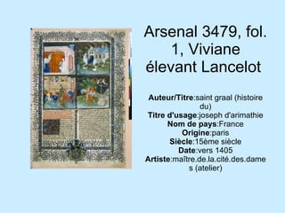 Arsenal 3479, fol. 1, Viviane élevant Lancelot  Auteur/Titre :saint graal (histoire du) Titre d'usage :joseph d'arimathie Nom de pays :France Origine :paris Siècle :15ème siècle Date :vers 1405 Artiste :maître.de.la.cité.des.dames (atelier) 