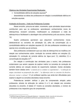 97
Objetivos das Atividades Experimentais Realizadas:
Condutibilidade elétrica de soluções aquosas38
- desestabilizar as idéias dos professores em relação à condutibilidade elétrica em
soluções aquosas.
Avaliação do Encontro – Visão dos Professores Cursistas
Nesse encontro, procurou-se saber, novamente, quais atividades desenvolvidas
contribuíram para que os professores: aprendessem conhecimentos novos de
eletroquímica, revissem conceitos, modificassem ou ampliassem a visão de
eletroquímica e facilitassem a abordagem dos conhecimentos junto aos alunos. (Anexo
14)
Quatro professores apontaram que adquiriram conhecimentos novos,
destacando-se os conceitos de solvatação (3), pilha de concentração (2) e
condutibilidade elétrica em soluções aquosas (2). Um dos professores considerou que
apenas reviu conceitos que já conhecia.
Seis professores consideraram que sua visão de eletroquímica se modificou em
relação aos conhecimentos sobre: condução de corrente elétrica em soluções (2),
solvatação (1), condução de corrente elétrica da ’água pura’ (1), eletrólitos (1) e
concentração de soluções (1)39
.
Em relação à contribuição das atividades para o ensino, três professores
evidenciaram que seriam capazes de explicar melhor os conceitos de condução de
corrente elétrica em solução através do experimento realizado. Outras atividades
também foram citadas como “a maneira de se conduzir os experimentos”, “a utilização de
mapas conceituais na preparação das aulas”, “as diferenças entre os conceitos de dissolver,
dissociar, ionizar e solvatar”. E um professor apontou que ainda tem dificuldades para
explicar a alguém os conceitos abordados nesse encontro.
Pretendeu-se também verificar o grau de compreensão atingido pelos
professores, através da atribuição de valores 0 a 3, em relação aos conceitos
discutidos no encontro. A tabela 4.7 mostra os conceitos abordados, o número de
professores e seu respectivo grau de compreensão.
38
GEPEQ (Grupo de Pesquisa em Educação Química) – Laboratório Aberto. Apostila de Laboratório.
39
Os números significam a quantidade de professores que destacaram esses conceitos.
 