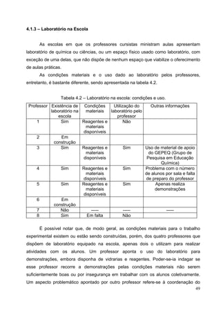 49
4.1.3 – Laboratório na Escola
As escolas em que os professores cursistas ministram aulas apresentam
laboratório de química ou ciências, ou um espaço físico usado como laboratório, com
exceção de uma delas, que não dispõe de nenhum espaço que viabilize o oferecimento
de aulas práticas.
As condições materiais e o uso dado ao laboratório pelos professores,
entretanto, é bastante diferente, sendo apresentada na tabela 4.2.
Tabela 4.2 – Laboratório na escola: condições e uso.
Professor Existência de
laboratório na
escola
Condições
materiais
Utilização do
laboratório pelo
professor
Outras informações
1 Sim Reagentes e
materiais
disponíveis
Não
2 Em
construção
3 Sim Reagentes e
materiais
disponíveis
Sim Uso de material de apoio
do GEPEQ (Grupo de
Pesquisa em Educação
Química)
4 Sim Reagentes e
materiais
disponíveis
Sim Problema com o número
de alunos por sala e falta
de preparo do professor
5 Sim Reagentes e
materiais
disponíveis
Sim Apenas realiza
demonstrações
6 Em
construção
7 Não ----- ----- -----
8 Sim Em falta Não
É possível notar que, de modo geral, as condições materiais para o trabalho
experimental existem ou estão sendo construídas, porém, dos quatro professores que
dispõem de laboratório equipado na escola, apenas dois o utilizam para realizar
atividades com os alunos. Um professor aponta o uso do laboratório para
demonstrações, embora disponha de vidrarias e reagentes. Poder-se-ia indagar se
esse professor recorre a demonstrações pelas condições materiais não serem
suficientemente boas ou por insegurança em trabalhar com os alunos coletivamente.
Um aspecto problemático apontado por outro professor refere-se à coordenação do
 
