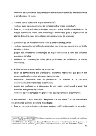 80
- conhecer as expectativas dos professores em relação ao conteúdo de eletroquímica
a ser abordado no curso.
2) Trabalho com o texto sobre mapas conceituais26
:
- verificar quais os conhecimentos do professor sobre “mapa conceitual”;
- levar ao conhecimento dos professores uma proposta de trabalho através do uso de
mapas conceituais, como uma metodologia diferenciada para a organização de
planos de ensino e dos conteúdos ou como instrumento de avaliação.
3) Elaboração de um mapa conceitual sobre o tema de eletroquímica:
- verificar os conceitos considerados essenciais pelo professor ao ensinar o conteúdo
de eletroquímica;
- propor aos professores a elaboração de mapas conceituais a partir dos conceitos
apontados por eles;
- conhecer as considerações feitas pelos professores ao elaborarem os mapas
conceituais.
4) Análise e construção de roteiros experimentais
- levar ao conhecimento dos professores, diferentes habilidades que podem ser
desenvolvidas através das atividades experimentais;
- determinar, juntamente com os professores, os objetivos e os conceitos
desenvolvidos em determinado experimento;
- propor aos professores a elaboração de um roteiro experimental a partir dos
materiais e reagentes disponíveis;
- conhecer as considerações dos professores ao proporem seus experimentos.
5) Trabalho com o texto ”Buscando Respostas – Novas Idéias”27
sobre a reatividade
dos elementos químicos e número de oxidação:
- levar ao conhecimento dos professores a origem histórica do conceito de oxidação.
26
MOREIRA, M. A. & BUCHWEITZ, B. Mapas conceituais: Instrumentos Didáticos de Avaliação e de Análise de
Currículos. São Paulo: Moraes, 1987.
27
GEPEQ (Grupo de Pesquisa em Educação Química). Interações e Transformações III: A Química e a
Sobrevivência: Fonte de Materiais: Química para o Ensino Médio: Livro do Aluno. São Paulo: EDUSP, 1998.
 