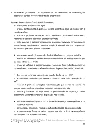 86
- estabelecer, juntamente com os professores, se necessário, as representações
adequadas para as reações realizadas no experimento.
Objetivo das Atividades Experimentais Realizadas:
Interação do magnésio com água
- levar ao conhecimento do professor o efeito oxidante da água ao interagir com o
metal magnésio;
- solicitar do professor as reações de óxido-redução do experimento usando como
referência a tabela de potenciais padrão de eletrodo;
- pedir para que o professor reestabeleça a série de reatividade considerando as
interações dos metais estanho e prata com solução de ácido clorídrico fazendo uso
da tabela de potenciais padrão de eletrodo.
Interação do metal cobre com solução de ácido nítrico concentrada e diluída
- mostrar ao professor o caráter redutor do metal cobre ao interagir com solução
de ácido nítrico concentrada;
- propor ao professor a representação das reações de óxido-redução que ocorrem
no experimento usando como referência a tabela de potenciais padrão de eletrodo.
Corrosão do metal cobre por ação de solução de cloreto ferro (III)32
- apresentar ao professor o processo de corrosão do metal cobre pela ação do íon
Fe3+
;
- requerer do professor as reações de óxido-redução que ocorrem no experimento
usando como referência a tabela de potenciais padrão de eletrodo;
- verificar juntamente com o professor as possibilidades de reprodução desse
experimento utilizando os recursos disponíveis nas escolas.
Interação da água oxigenada com solução de permanganato de potássio e de
iodeto de potássio
- apresentar ao professor a reação de auto óxido-redução da água oxigenada;
- apresentar ao professor os efeitos oxidante e redutor da água oxigenada frente
às interações com soluções diferentes;
32
ZANCANARO, C. E. & FLACON, R. V. Plano de Aula elaborado para o curso de Instrumentação para o
Ensino de Química. São Paulo: IQUSP, 2002.
 