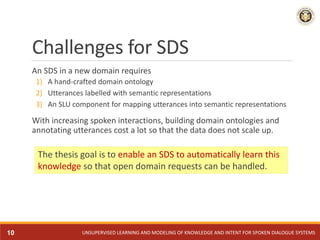 Challenges for SDS
An SDS in a new domain requires
1) A hand-crafted domain ontology
2) Utterances labelled with semantic ...