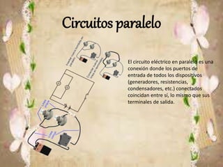Circuitos paralelo
El circuito eléctrico en paralelo es una
conexión donde los puertos de
entrada de todos los dispositivos
(generadores, resistencias,
condensadores, etc.) conectados
coincidan entre sí, lo mismo que sus
terminales de salida.
 