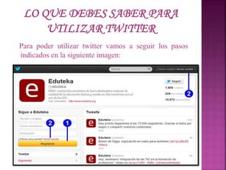 Para poder utilizar twitter vamos a seguir los pasos 
indicados en la siguiente imagen: 
 