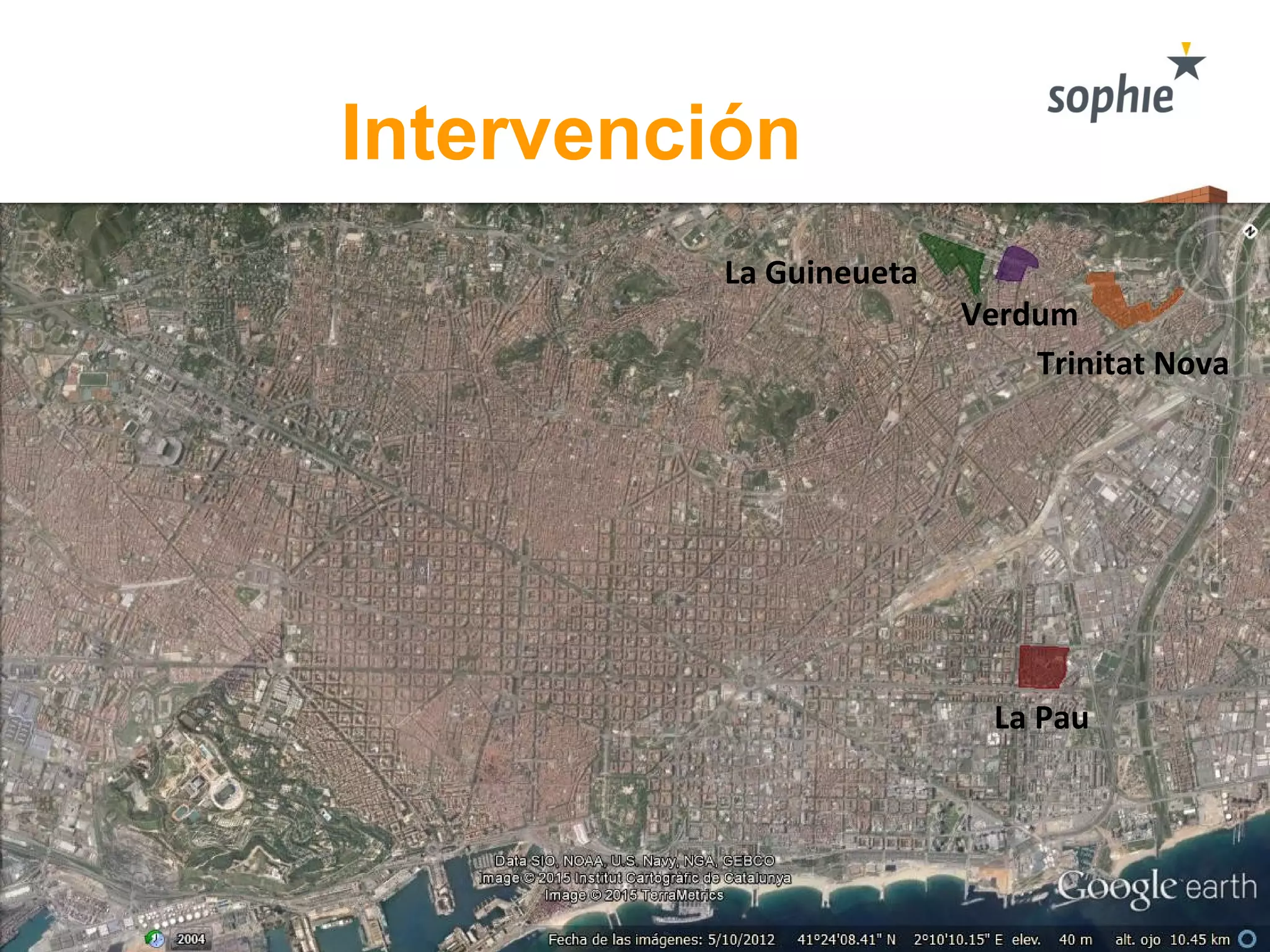Intervención
● Cuatro barrios de Barcelona
○ La Pau, La Guineueta, Trinitat Nova y Verdum.
■ Construidos entre 1950 y 1970 - ola de migración.
■ Estándares de construcción bajos.
● Intervenciones desde 1985 (por fases)
○ 310 bloques
■ 6.600 hogares
■ 25.000 habitantes
○ Financiamiento público.
○ Aislamiento de fachada.
○ En uno de los barrios se acompañó de impermeabilización del techo.
La Pau
La Guineueta
Trinitat Nova
Verdum
 