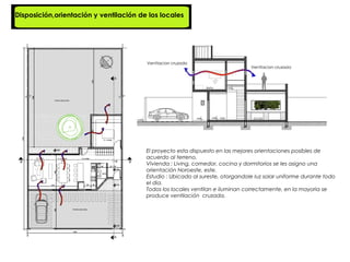 Disposición,orientación y ventilación de los locales




                                        El proyecto esta dispuesto en las mejores orientaciones posibles de
                                        acuerdo al terreno.
                                        Vivienda : Living, comedor, cocina y dormitorios se les asigno una
                                        orientación Noroeste, este.
                                        Estudio : Ubicado al sureste, otorgandole luz solar uniforme durante todo
                                        el dia.
                                        Todos los locales ventilan e iluminan correctamente, en la mayoria se
                                        produce ventilación cruzada.
 