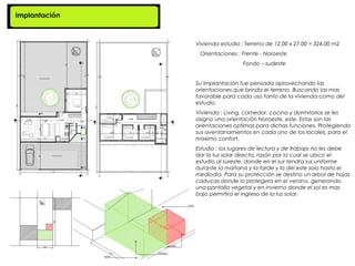 Implantación



               Vivienda estudio : Terreno de 12,00 x 27,00 = 324,00 m2
                Orientaciones : Frente - Noroeste
                                 Fondo – sudeste


               Su implantación fue pensada aprovechando las
               orientaciones que brinda el terreno. Buscando las mas
               favorable para cada uso tanto de la vivienda como del
               estudio.
               Vivienda : Living, comedor, cocina y dormitorios se les
               asigno una orientación Noroeste, este. Estas son las
               orientaciones optimas para dichas funciones. Protegiendo
               sus aventanamientos en cada uno de los locales, para el
               maximo confort.
               Estudio : los lugares de lectura y de trabajo no les debe
               dar la luz solar directa, razón por la cual se ubico el
               estudio al sureste, donde en el sur tendra luz uniforme
               durante la mañana y la tarde y la del este solo hasta el
               mediodia. Para su protección se destino un arbol de hojas
               caducas donde lo protegera en el verano, generando
               una pantalla vegetal y en invierno donde el sol es mas
               bajo permitira el ingreso de la luz solar.
 