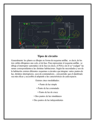 Tipos de circuito
Generalmente los planos se dibujan en forma de esquema unifilar, es decir, de los
tres cables dibujamos uno solo, el de fase. Para representar el esquema unifilar, se
dibuja el interruptor automático de la fase (es decir, el PIA) y de él se “cuelgan” las
ramas correspondientes a las distintas habitaciones. Según las necesidades y uso de
la habitación existen diferentes esquemas o circuitos que integran varios puntos de
luz, distintos interruptores, usos de conmutadores... esto permite que el alumbrado
sea más eficaz y accesible al adaptarlo a las características de cada espacio.
Existen cinco modalidades:
• Punto de luz simple
• Punto de luz conmutado
• Punto de luz de cruce
• Dos puntos de luz simultáneos
• Dos puntos de luz independientes
 