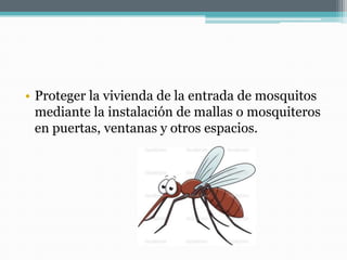 • Proteger la vivienda de la entrada de mosquitos
mediante la instalación de mallas o mosquiteros
en puertas, ventanas y otros espacios.

 
