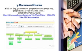 5. Recursos utilizados 
Bubbl.us, blog, youtube.com, googledriver.com, google map, 
google Earth, google doc, slide share… 
DIRECCIÓN PORTAFOLIO: 
https://drive.google.com/folderview?id=0BxJcGWjcq1_IZjhtc3Bk 
WkxnTEE&usp=sharing 
 