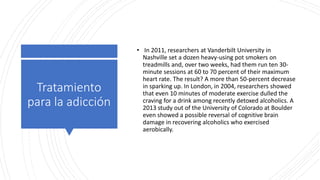 Tratamiento
para la adicción
• In 2011, researchers at Vanderbilt University in
Nashville set a dozen heavy-using pot smokers on
treadmills and, over two weeks, had them run ten 30-
minute sessions at 60 to 70 percent of their maximum
heart rate. The result? A more than 50-percent decrease
in sparking up. In London, in 2004, researchers showed
that even 10 minutes of moderate exercise dulled the
craving for a drink among recently detoxed alcoholics. A
2013 study out of the University of Colorado at Boulder
even showed a possible reversal of cognitive brain
damage in recovering alcoholics who exercised
aerobically.
 