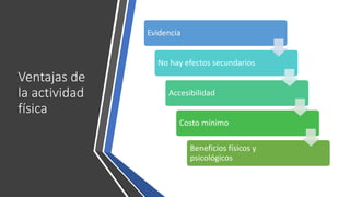 Ventajas de
la actividad
física
Evidencia
No hay efectos secundarios
Accesibilidad
Costo mínimo
Beneficios físicos y
psicológicos
 