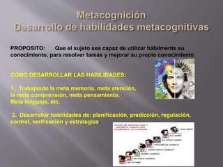 PROPOSITO: Que el sujeto sea capaz de utilizar hábilmente su
conocimiento, para resolver tareas y mejorar su propio conocimiento
COMO DESARROLLAR LAS HABILIDADES:
1. Trabajando la meta memoria, meta atención,
la meta comprensión, meta pensamiento,
Meta lenguaje, etc.
2. Desarrollar habilidades de: planificación, predicción, regulación,
control, verificación y estrategias.
 