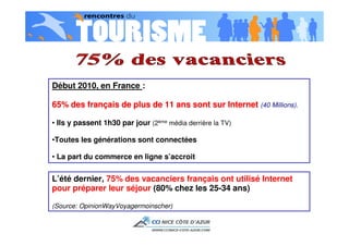 Début 2010, en France :

65% des français de plus de 11 ans sont sur Internet (40 Millions).

• Ils y passent 1h30 par jou...