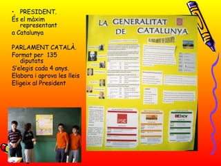 PRESIDENT.  És el màxim representant  a Catalunya PARLAMENT CATALÀ. Format per  135 diputats S’elegis cada 4 anys. Elabora i aprova les lleis Eligeix al President 