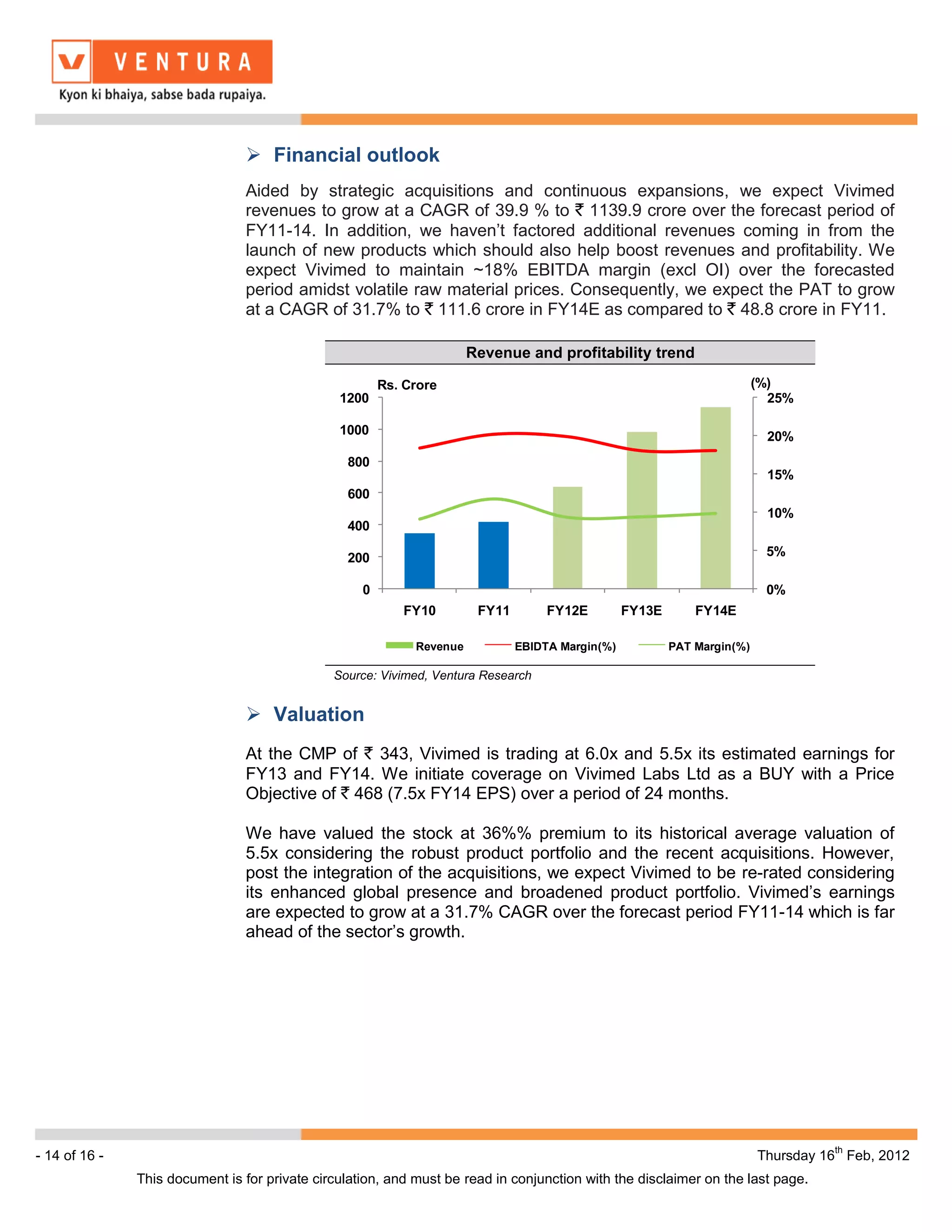  Financial outlook
                                 Aided by strategic acquisitions and continuous expansions, we expect Vivimed
                                 revenues to grow at a CAGR of 39.9 % to ` 1139.9 crore over the forecast period of
                                 FY11-14. In addition, we haven’t factored additional revenues coming in from the
                                 launch of new products which should also help boost revenues and profitability. We
                                 expect Vivimed to maintain ~18% EBITDA margin (excl OI) over the forecasted
                                 period amidst volatile raw material prices. Consequently, we expect the PAT to grow
                                 at a CAGR of 31.7% to ` 111.6 crore in FY14E as compared to ` 48.8 crore in FY11.

                                                                       Revenue and profitability trend

                                                        Rs. Crore                                                         (%)
                                                1200                                                                        25%

                                                1000                                                                       20%
                                                 800
                                                                                                                           15%
                                                 600
                                                                                                                           10%
                                                 400

                                                 200                                                                       5%

                                                    0                                                                      0%
                                                           FY10         FY11        FY12E         FY13E       FY14E

                                                             Revenue           EBIDTA Margin(%)           PAT Margin(%)

                                               Source: Vivimed, Ventura Research


                                  Valuation
                                 At the CMP of ` 343, Vivimed is trading at 6.0x and 5.5x its estimated earnings for
                                 FY13 and FY14. We initiate coverage on Vivimed Labs Ltd as a BUY with a Price
                                 Objective of ` 468 (7.5x FY14 EPS) over a period of 24 months.

                                 We have valued the stock at 36%% premium to its historical average valuation of
                                 5.5x considering the robust product portfolio and the recent acquisitions. However,
                                 post the integration of the acquisitions, we expect Vivimed to be re-rated considering
                                 its enhanced global presence and broadened product portfolio. Vivimed’s earnings
                                 are expected to grow at a 31.7% CAGR over the forecast period FY11-14 which is far
                                 ahead of the sector’s growth.




                                                                                                                                    th
- 14 of 16 -                                                                                                              Thursday 16 Feb, 2012
               This document is for private circulation, and must be read in conjunction with the disclaimer on the last page.
 