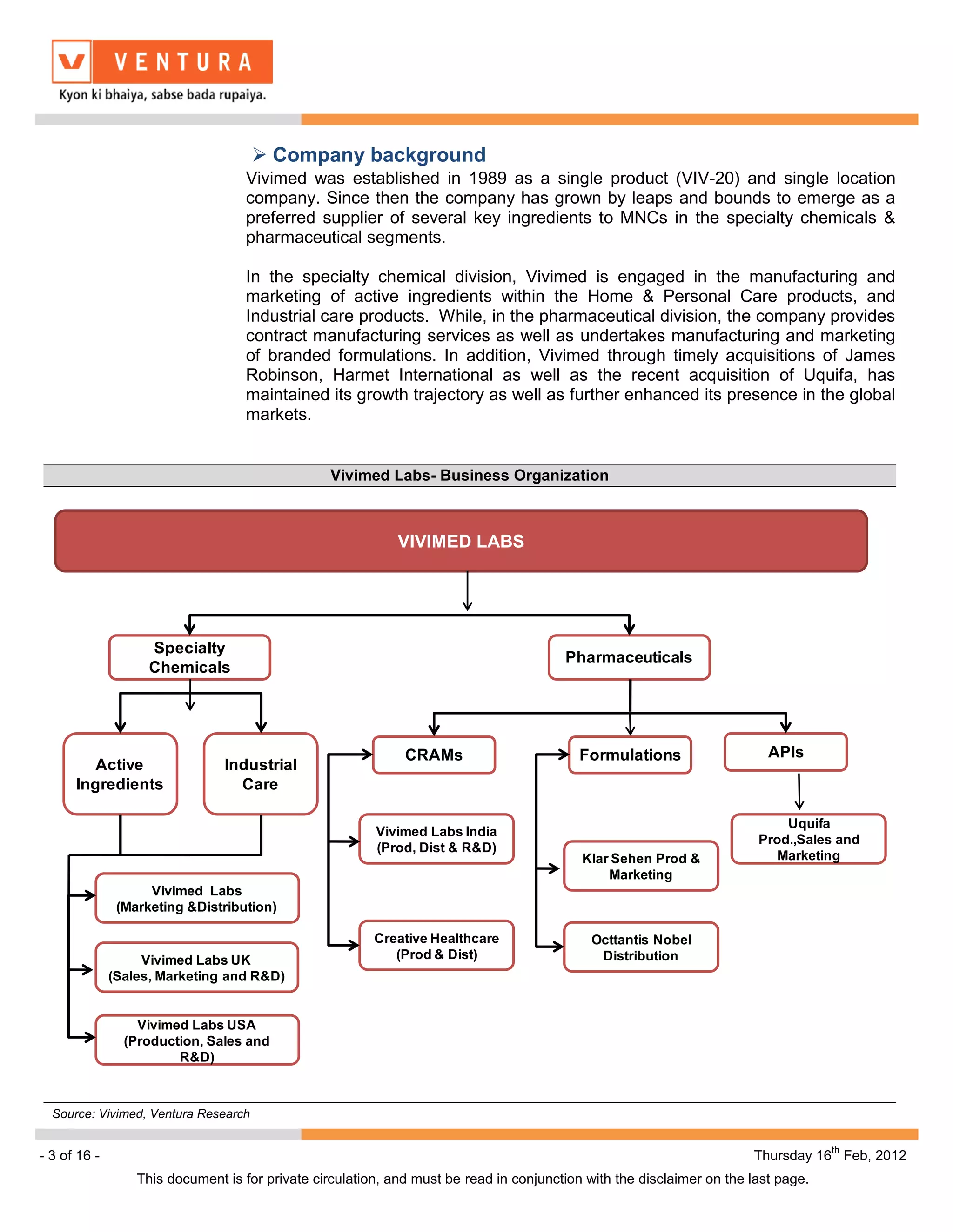  Company background
                                    Vivimed was established in 1989 as a single product (VIV-20) and single location
                                    company. Since then the company has grown by leaps and bounds to emerge as a
                                    preferred supplier of several key ingredients to MNCs in the specialty chemicals &
                                    pharmaceutical segments.

                                    In the specialty chemical division, Vivimed is engaged in the manufacturing and
                                    marketing of active ingredients within the Home & Personal Care products, and
                                    Industrial care products. While, in the pharmaceutical division, the company provides
                                    contract manufacturing services as well as undertakes manufacturing and marketing
                                    of branded formulations. In addition, Vivimed through timely acquisitions of James
                                    Robinson, Harmet International as well as the recent acquisition of Uquifa, has
                                    maintained its growth trajectory as well as further enhanced its presence in the global
                                    markets.


                                                 Vivimed Labs- Business Organization



                                                             VIVIMED LABS




                    Specialty
                                                                                        Pharmaceuticals
                    Chemicals




                                                              CRAMs                        Formulations                   APIs
         Active                 Industrial
      Ingredients                 Care

                                                                                                                            Uquifa
                                                         Vivimed Labs India
                                                                                                                        Prod.,Sales and
                                                         (Prod, Dist & R&D)
                                                                                           Klar Sehen Prod &               Marketing
                                                                                               Marketing
                    Vivimed Labs
               (Marketing &Distribution)

                                                         Creative Healthcare                 Octtantis Nobel
                   Vivimed Labs UK                          (Prod & Dist)                     Distribution
              (Sales, Marketing and R&D)


                  Vivimed Labs USA
                (Production, Sales and
                        R&D)



  Source: Vivimed, Ventura Research

                                                                                                                                    th
- 3 of 16 -                                                                                                            Thursday 16 Feb, 2012
                  This document is for private circulation, and must be read in conjunction with the disclaimer on the last page.
 