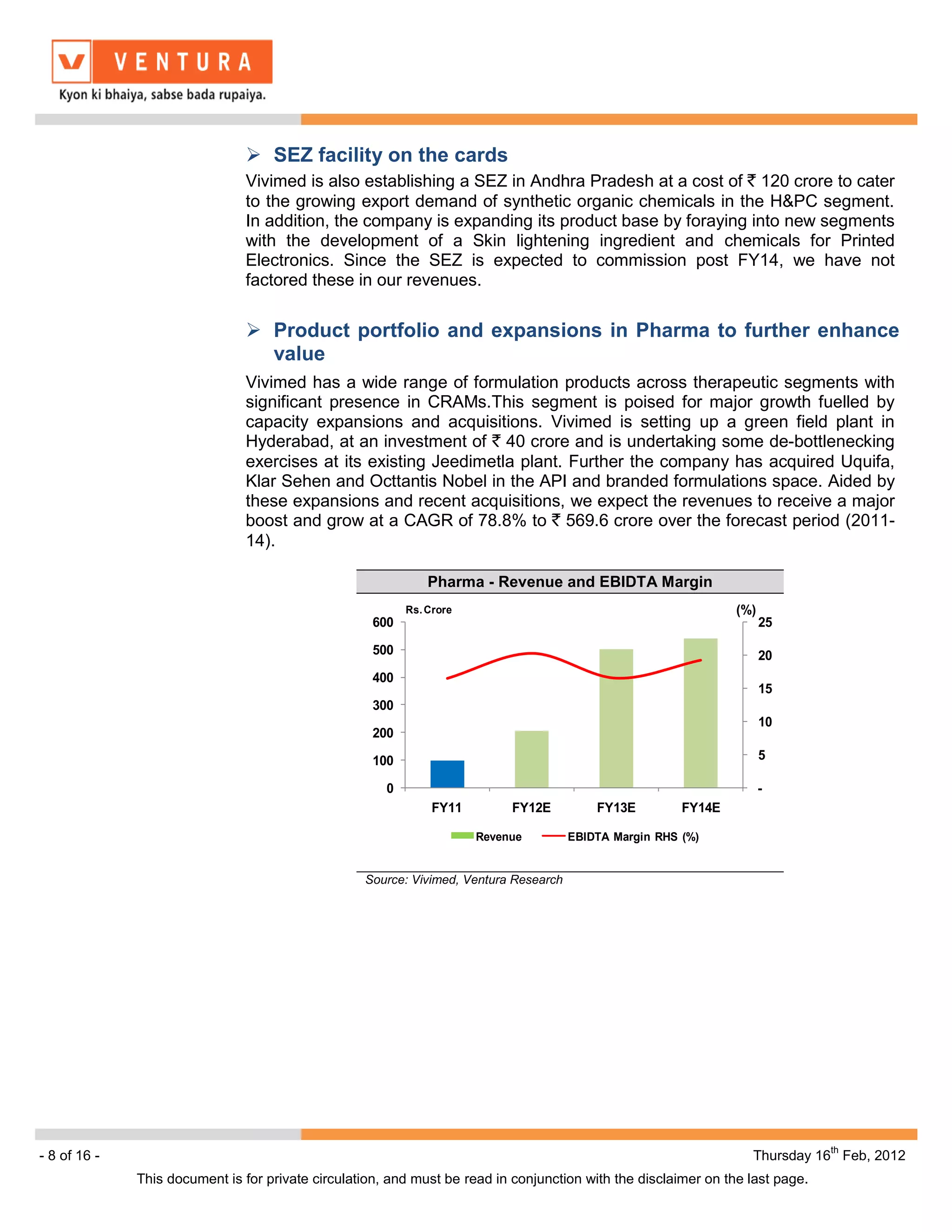  SEZ facility on the cards
                                Vivimed is also establishing a SEZ in Andhra Pradesh at a cost of ` 120 crore to cater
                                to the growing export demand of synthetic organic chemicals in the H&PC segment.
                                In addition, the company is expanding its product base by foraying into new segments
                                with the development of a Skin lightening ingredient and chemicals for Printed
                                Electronics. Since the SEZ is expected to commission post FY14, we have not
                                factored these in our revenues.

                                 Product portfolio and expansions in Pharma to further enhance
                                  value
                                Vivimed has a wide range of formulation products across therapeutic segments with
                                significant presence in CRAMs.This segment is poised for major growth fuelled by
                                capacity expansions and acquisitions. Vivimed is setting up a green field plant in
                                Hyderabad, at an investment of ` 40 crore and is undertaking some de-bottlenecking
                                exercises at its existing Jeedimetla plant. Further the company has acquired Uquifa,
                                Klar Sehen and Octtantis Nobel in the API and branded formulations space. Aided by
                                these expansions and recent acquisitions, we expect the revenues to receive a major
                                boost and grow at a CAGR of 78.8% to ` 569.6 crore over the forecast period (2011-
                                14).

                                                               Pharma - Revenue and EBIDTA Margin
                                                           Rs. Crore                                             (%)
                                                    600                                                                25

                                                    500                                                                20
                                                    400
                                                                                                                       15
                                                    300
                                                                                                                       10
                                                    200

                                                    100                                                                5

                                                       0                                                               -
                                                                FY11        FY12E          FY13E         FY14E

                                                                       Revenue         EBIDTA Margin RHS (%)


                                                   Source: Vivimed, Ventura Research




                                                                                                                                th
- 8 of 16 -                                                                                                        Thursday 16 Feb, 2012
              This document is for private circulation, and must be read in conjunction with the disclaimer on the last page.
 