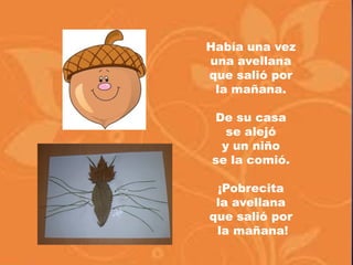 Había una vez
una avellana
que salió por
la mañana.
De su casa
se alejó
y un niño
se la comió.
¡Pobrecita
la avellana
que salió por
la mañana!