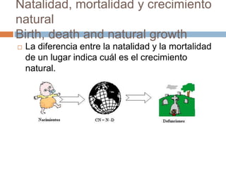 Natalidad, mortalidad y crecimiento
natural
Birth, death and natural growth
 La diferencia entre la natalidad y la mortalidad
de un lugar indica cuál es el crecimiento
natural.
 