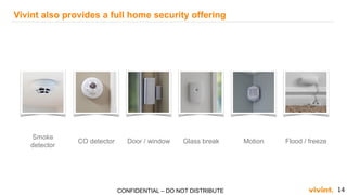 14CONFIDENTIAL – DO NOT DISTRIBUTE
Vivint also provides a full home security offering
CO detector Door / window Glass break Motion Flood / freeze
Smoke
detector
 