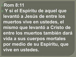 Rom 8:11
 Y si el Espíritu de aquel que
levantó a Jesús de entre los
muertos vive en ustedes, el
mismo que levantó a Cristo de
entre los muertos también dará
vida a sus cuerpos mortales
por medio de su Espíritu, que
vive en ustedes.
 