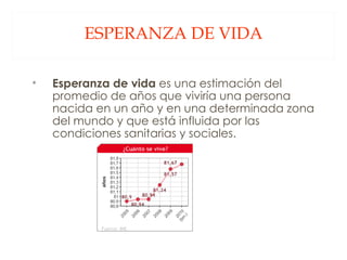 ESPERANZA DE VIDA Esperanza de vida  es una estimación del promedio de años que viviría una persona nacida en un año y en una determinada zona del mundo y que está influida por las condiciones sanitarias y sociales. 
