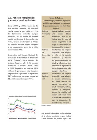 2.1. Pobreza, marginación
y acceso a servicios básicos
Entre 2000 y 2006, fecha de la
más reciente medición, se continuó
con la tendencia que inició en 1996
de disminución sostenida, aunque
moderada, en los niveles de pobreza
medida en términos de ingreso.De esta
forma, tal que se alcanzaron a finales
del sexenio anterior niveles menores
a los prevalecientes antes de la crisis
económica de 1995.
Según cifras del Consejo Nacional de
Evaluación de la Política de Desarrollo
Social (Coneval), 20.3 millones de
personas lograron salir de la pobreza
alimentaria o extrema entre 1996
y 2006, llegando a un nivel de 14.4
millones de personas en esta situación.
En pobreza de capacidades se registraron
21.7 millones de personas, contra las
43.4 millones existentes en 1996.
Líneas de Pobreza
La metodología para medir la pobreza
en México se ha basado en tres tipos
de pobreza de acuerdo con el nivel de
ingresos.
Pobreza
Alimenta-
ria:
Incapacidad para obtener
una canasta básica
alimentaria, aun si se
hiciera uso de todo el
ingreso disponible en el
hogar en comprar sólo los
bienes de dicha canasta.
Pobreza
de
Capacida-
des:
Insuficiencia del ingreso
disponible para adquirir
el valor de la canasta
alimentaria y efectuar
los gastos necesarios en
salud y educación, aun
dedicando el ingreso total
de los hogares nada más
que para estos fines.
Pobreza
Patrimo-
nial:
Insuficiencia del ingreso
disponible para adquirir
la canasta alimentaria,
así como realizar los
gastos necesarios en
salud, educación, vestido,
vivienda y transporte,
aunque la totalidad del
ingreso del hogar fuera
utilizado exclusivamente
para la adquisición de
estos bienes y servicios.
Fuente: Coneval
Los avances alcanzados en la reducción
de la pobreza obedecen, en gran medida,
a tres factores: en primera lugar a los
Evolución de la pobreza nacional, 1992-2006 (millones de personas)
19.0
39.8
47.0
60.7
14.4
19.017.9
20.1
23.7
31.7
34.7
18.6
25.8 26.9
43.4
31.2
27.1
25.4 25.7
21.7
44.7
48.946.1
64.0
52.7
50.4
48.6
0
10
20
30
40
50
60
70
1992 1994 1996 1998 2000 2002 2004 2005 2006
Pobreza alimentaria Pobreza de capacidades Pobreza de patrimonio
 