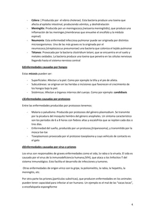 -   Cólera: ( Producida por el vibrio cholerae). Esta bacteria produce una toxina que
        afecta al epitelio intestinal, produciendo vómitos, y deshidratación
    -   Meningitis: Producida por un meningococo,(neisseria meningitidis), que produce una
        inflamación de las meninges,(membranas que envuelve el encéfalo y la médula
        espinal)
    -   Neumonía: Esta enfermedad infecciosa pulmonar puede ser originada por distintos
        microorganismos. Una de las más graves es la originada por el
        neumococo,(streptococcus pneumoniae) una bacteria que coloniza el tejido pulmonar
    -   Tétanos: Provocada por la bacteria clostridium tetani, que se encuentra en el suelo y
        metales oxidados. La bacteria produce una toxina que penetra en las células nerviosas
        llegando hasta el sistema nervioso central

b)Enfermedades causadas por hongos

Estas micosis pueden ser:

    -   Superficiales: Afectan a la piel. Como por ejemplo la tiña y el pie de atleta.
    -   Subcutáneas: se originan en las heridas o incisiones que favorecen el crecimiento de
        los hongos bajo la piel.
    -   Sistémicas: Afectan a órganos internos del cuerpo. Como por ejemplo: candidiasis

c)Enfermedades causadas por protozoos

Entre las enfermedades producidas por protozoos tenemos:

    -   Malaria o paludismo. Producida por protozoos del género plasmodium. Se transmite
        por la picadura del mosquito hembra del género anopheles. Un síntoma característico
        son los periodos de 6 a 8 horas con fiebres altas y escalofríos que se repiten cada dos o
        tres días.
    -   Enfermedad del sueño, producido por un protozoo,(tripanosoma), y transmitido por la
        mosca tse-tse
    -   Toxoplasmosis provocada por el protozoo toxoplasma y cuyo vehículo de contacto es
        el gato

d)Enfermedades causadas por virus o priones

Los virus son responsables de graves enfermedades como el sida, la rabia o la viruela. El sida es
causado por el virus de la inmunodeficiencia humana,(VIH), que ataca a los linfocitos-T del
sistema inmunológico. Esto facilita el desarrollo de infecciones y tumores.

Otras enfermedades de origen vírico son la gripe, la poliomielitis, la rabia, la hepatitis, la
meningitis, etc.

Por otra parte los priones,(partículas subvíricas), que producen enfermedades en los animales
pueden tener capacidad para infectar al ser humano. Un ejemplo es el mal de las “vacas locas”,
o encefalopatía espongiforme




                                                                                                 4
 