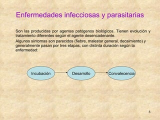 Enfermedades infecciosas y parasitarias Son las producidas por agentes patógenos biológicos. Tienen evolución y tratamiento diferentes según el agente desencadenante. Algunos síntomas son parecidos (fiebre, malestar general, decaimiento) y generalmente pasan por tres etapas, con distinta duración según la enfermedad:  Incubación Desarrollo Convalecencia 