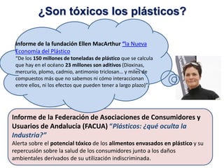 Informe de la fundación Ellen MacArthur “la Nueva
Economía del Plástico
“De los 150 millones de toneladas de plástico que se calcula
que hay en el océano 23 millones son aditivos (Dioxinas,
mercurio, plomo, cadmio, antimonio triclosan… y miles de
compuestos más que no sabemos ni cómo interaccionan
entre ellos, ni los efectos que pueden tener a largo plazo)”.
Informe de la Federación de Asociaciones de Consumidores y
Usuarios de Andalucía (FACUA) “Plásticos: ¿qué oculta la
Industria?”
Alerta sobre el potencial tóxico de los alimentos envasados en plástico y su
repercusión sobre la salud de los consumidores junto a los daños
ambientales derivados de su utilización indiscriminada.
¿Son tóxicos los plásticos?
 